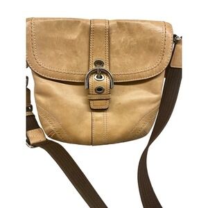 COACH Leather Flap Crossbody Bag Camel with Brown Adjustable Strap Purse Handbag